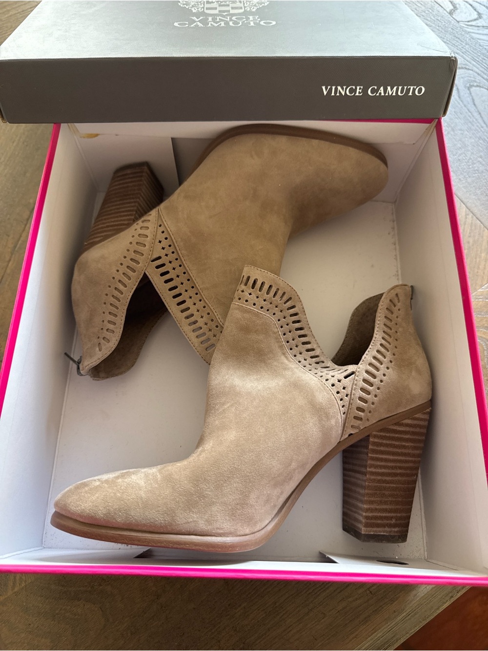 Vince Camuto Taupe Suede Cutout Ankle Boots